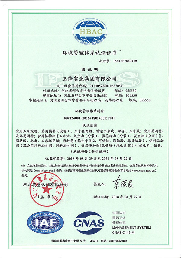 环境管理体系认证证书